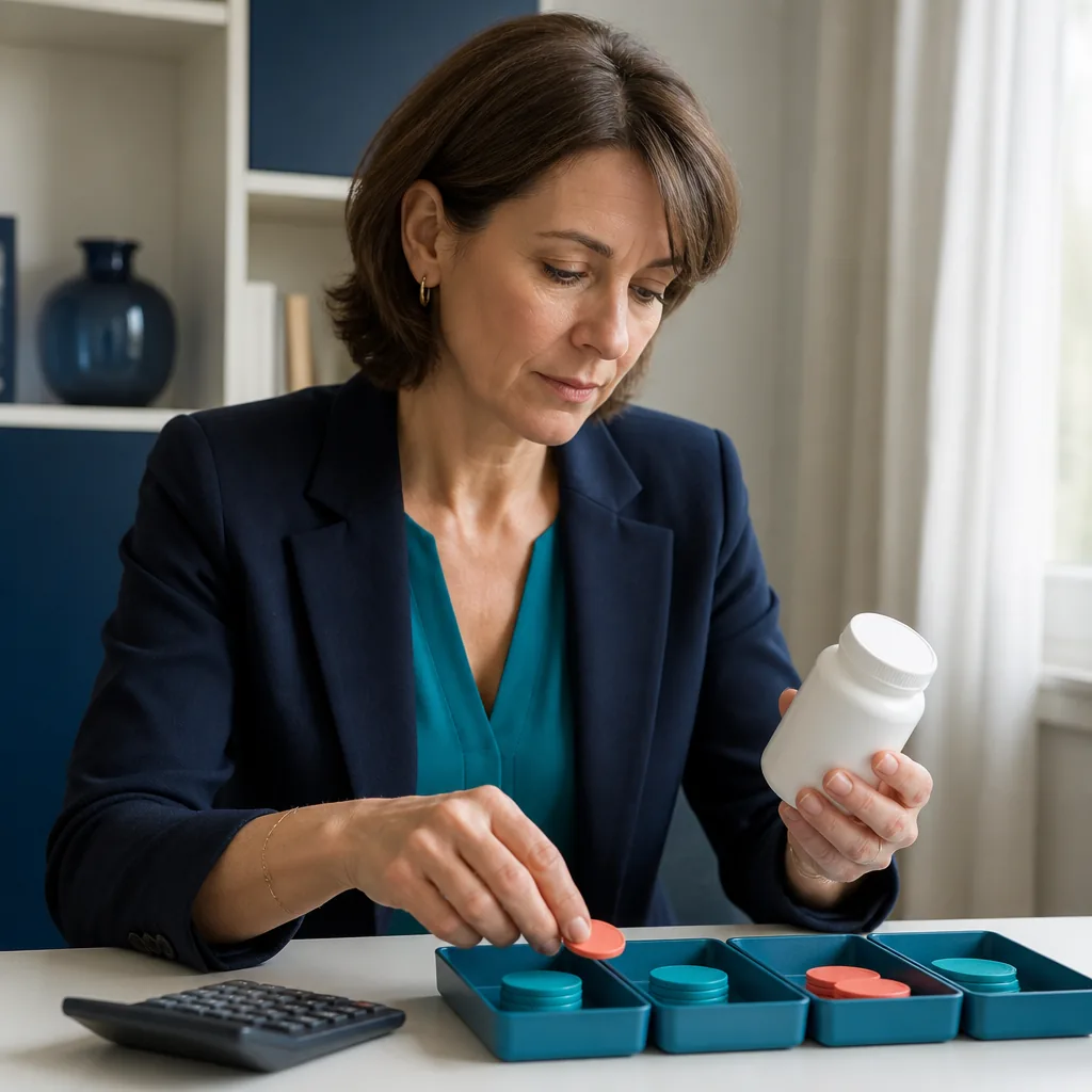 Une économiste répartit des jetons budgétaires à côté d'un flacon de médicament sans étiquette