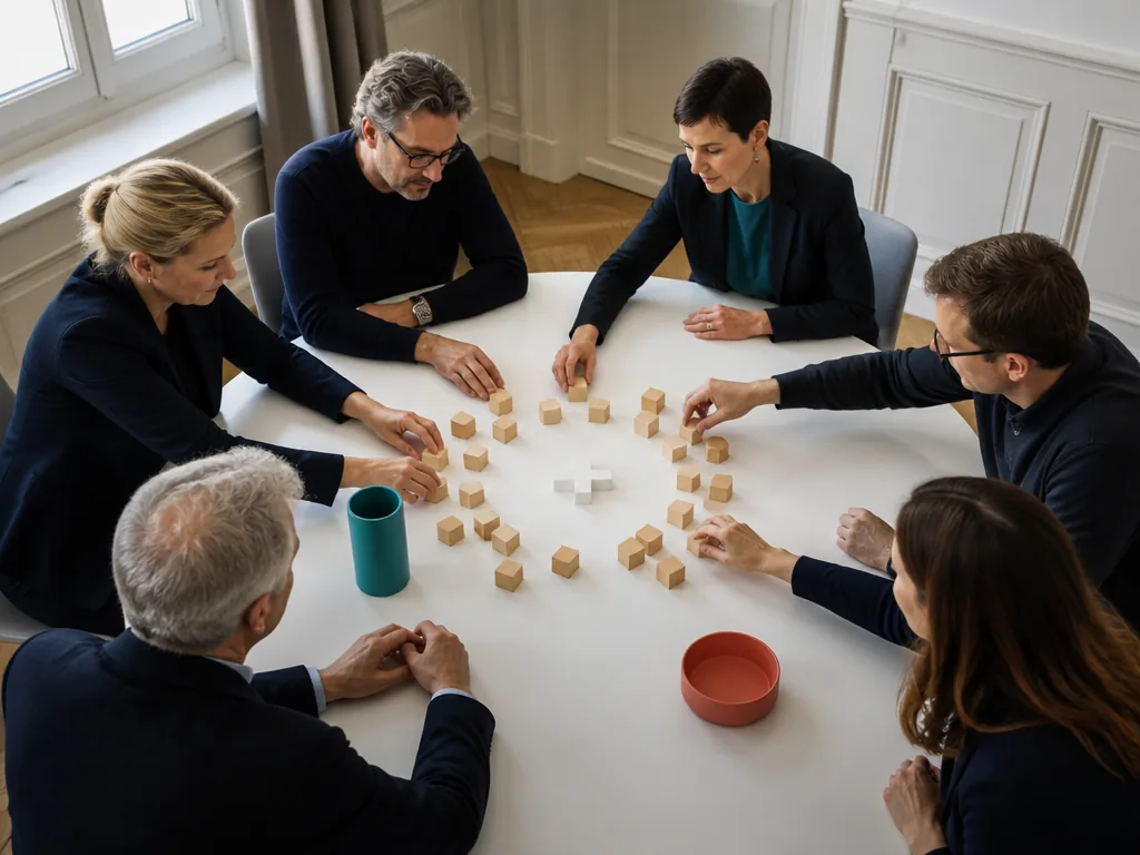 Une table ronde organise des blocs représentant les cantons autour d'une croix blanche